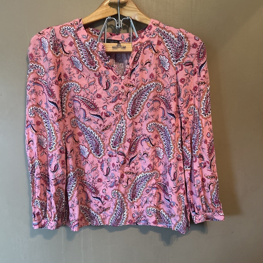 Talbots‎ Womens Size Small Pink Paisley Print Long Sleeve Popover Blouse Career